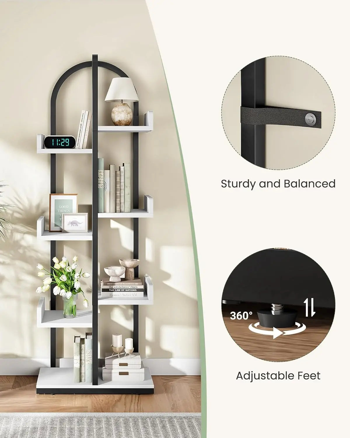 Curved 6-Tier Corner Bookshelf With Anti-Tip Kit For Living Room