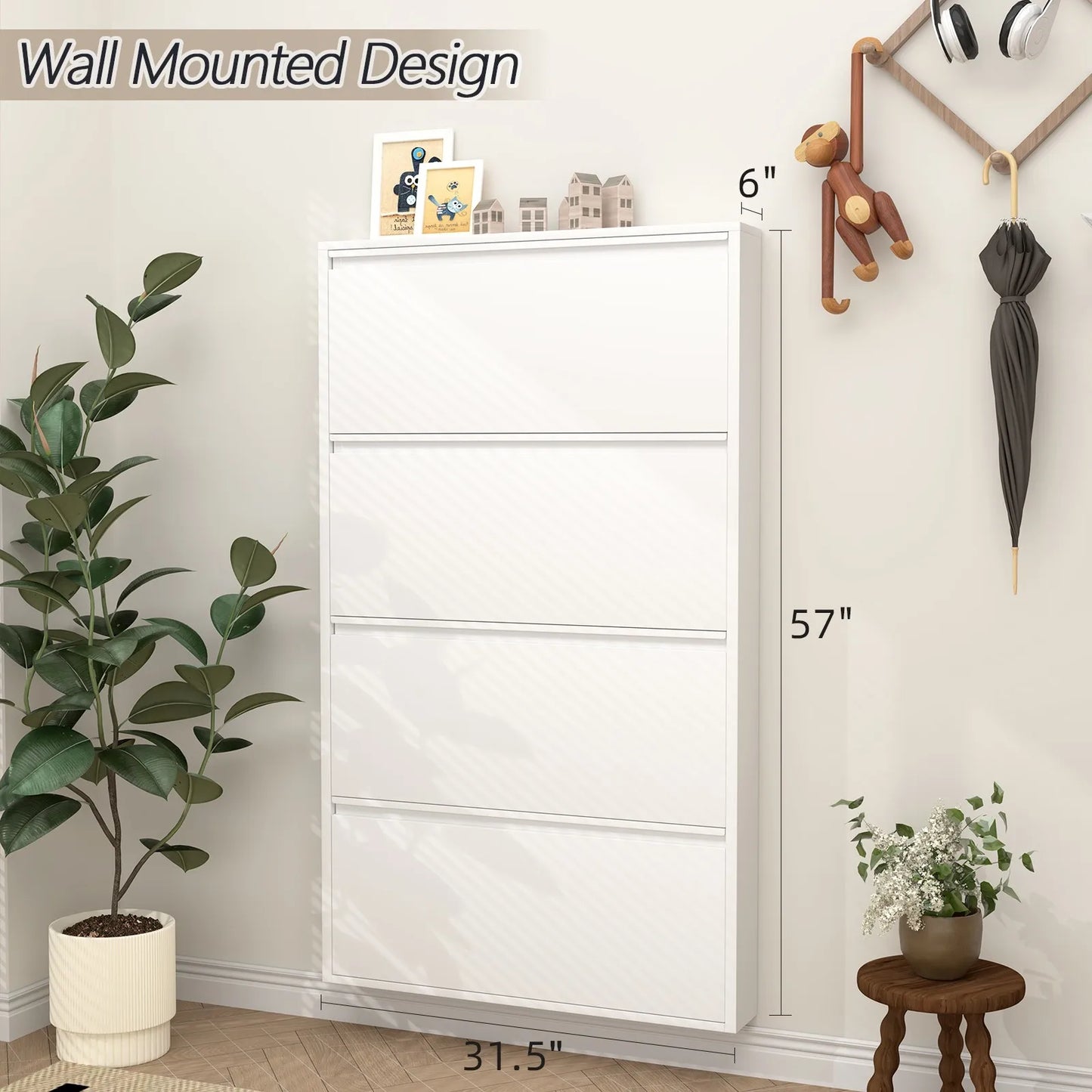 4 Tier Wall Mounted Shoe Cabinet With Flip Drawers Metal Entryway Organizer