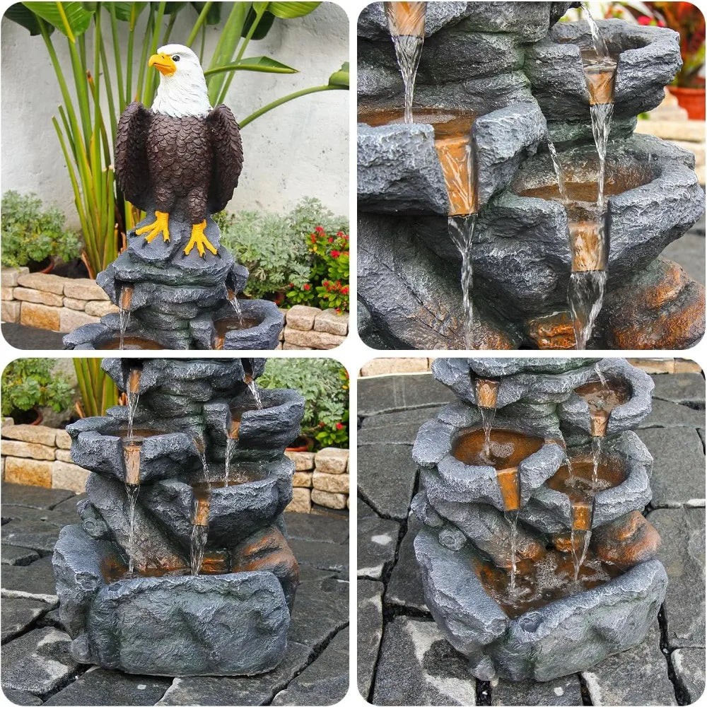 Bald Eagle Outdoor Fountain Statue With Tiered Rock Cascade Resin