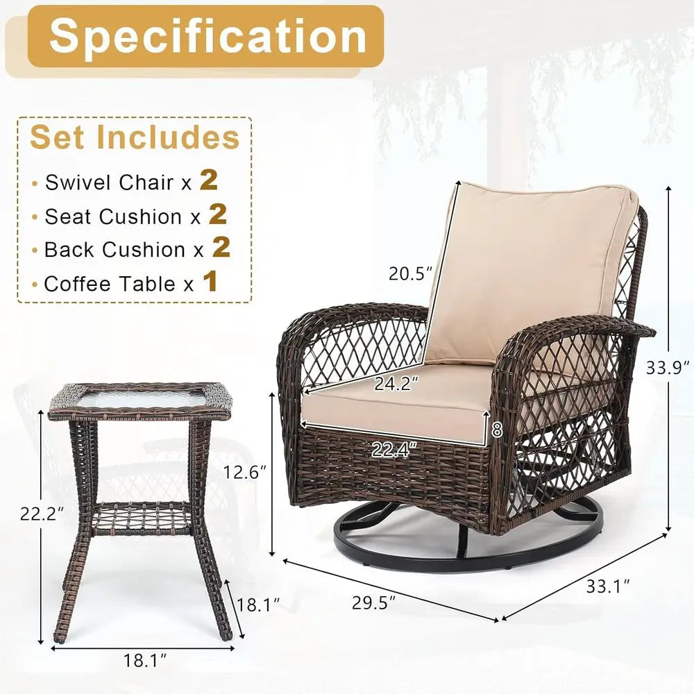 3-Piece Outdoor Patio Set With Swivel Chairs And Table