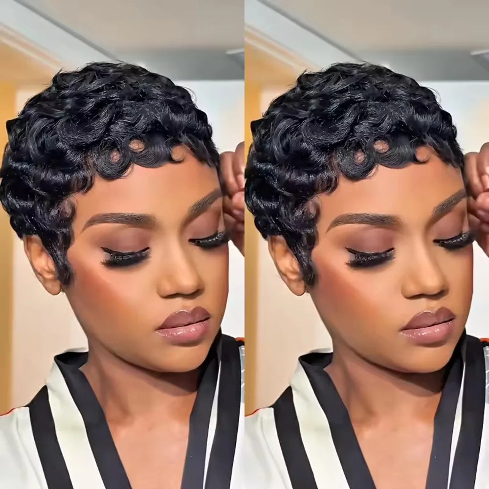 UVEOUS Women's Pixie Cut Wig Short Layered Curly Bangs