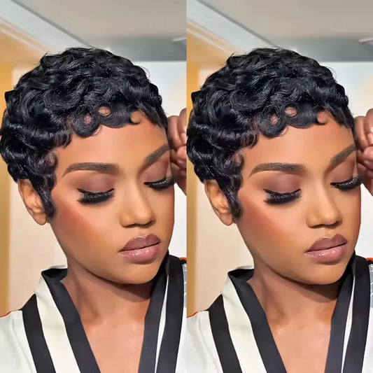 UVEOUS Women's Pixie Cut Wig Short Layered Curly Bangs