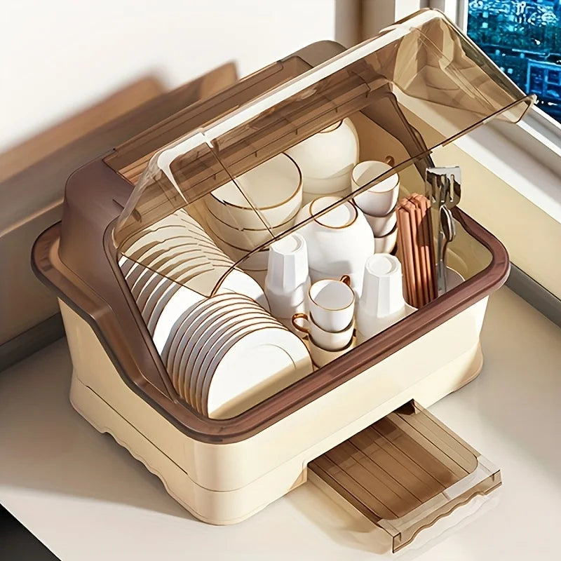 Lidded Dish Rack With Drainboard For Countertop And Cabinet Storage