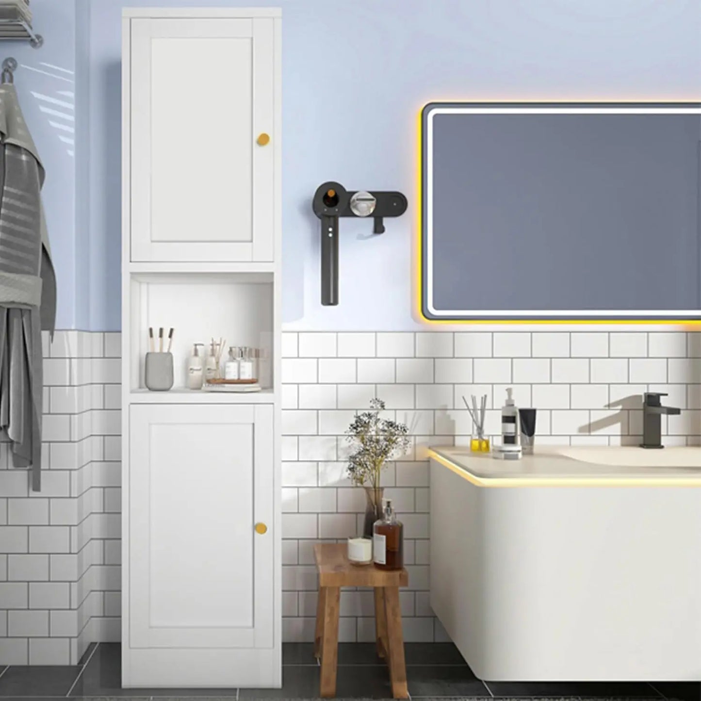 Metal Bathroom Storage Cabinet 6-Tier Freestanding Linen Tower With Doors
