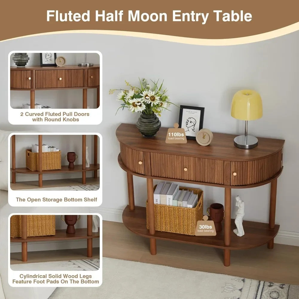 Modern Fluted Half Moon Console Table with Storage